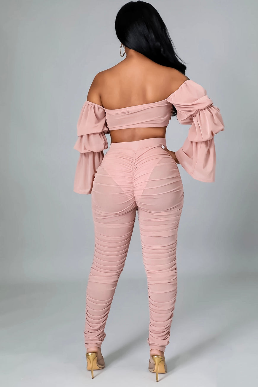 Beautiful Chaos Off Shoulder Blush Tie Front Crop & Ruched Pant Sets