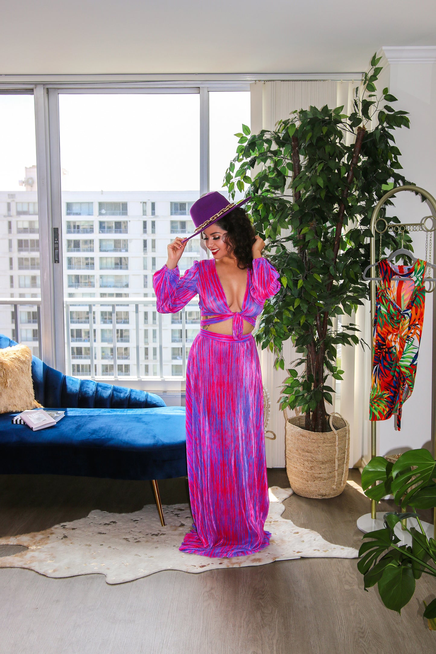 Maxi Skirt Set: Miami Vibing Long Sleeve Pink Color