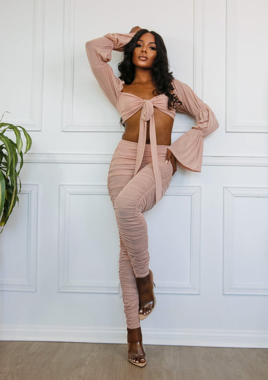 Crop Top & Pants Set: Beautiful Chaos Off Shoulder Tie Front in Pink