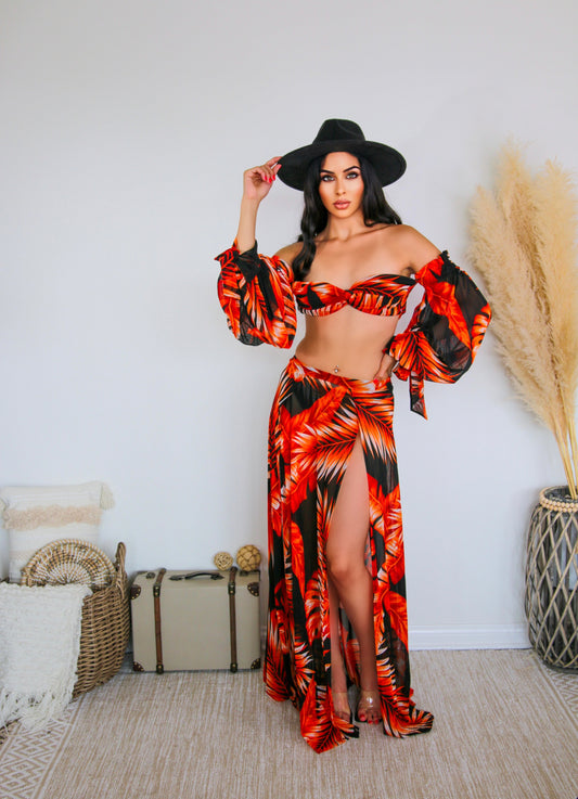 Tankini With a Skirt: Tropical Delight 3 Piece Set Red & Black