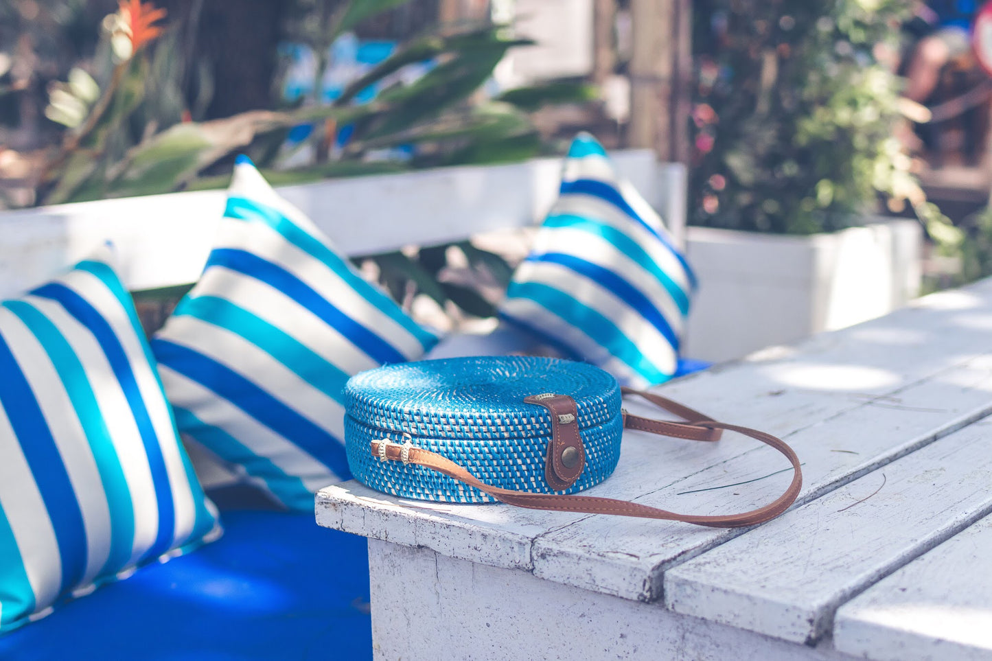 Rattan Handbag: Leather Round Handcrafted Floral in Green