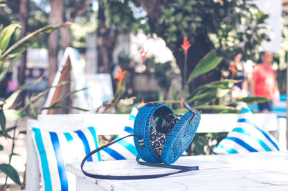 Rattan Handbag: Leather Round Handcrafted Floral in Green