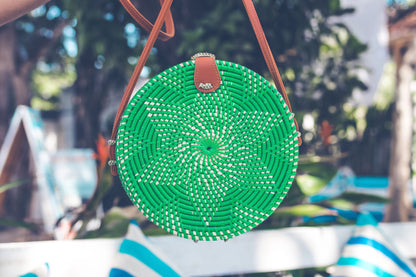 Rattan Handbag: Leather Round Handcrafted Floral in Green