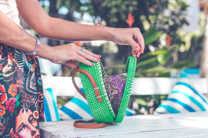 Embroidered Handbag: Leather Round Handcrafted Blue