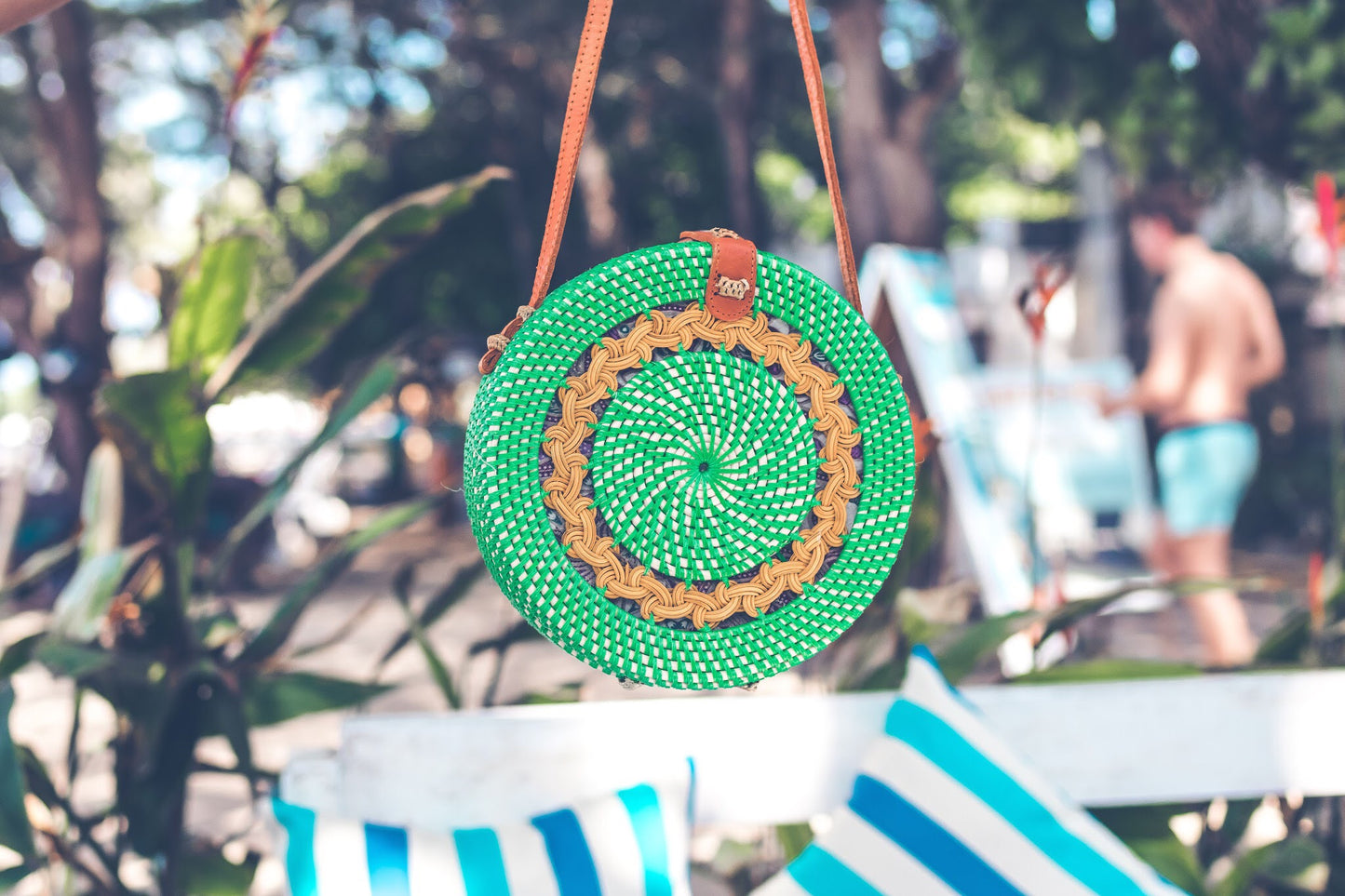 Embroidered Handbag: Leather Round Handcrafted Blue