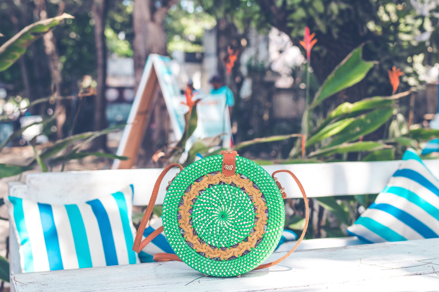 Embroidered Handbag: Leather Round Handcrafted Blue