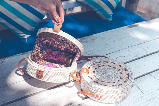 Embroidered Handbag: Leather Round Handcrafted Blue