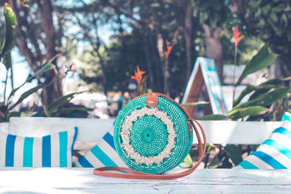 Embroidered Handbag: Leather Round Handcrafted Blue