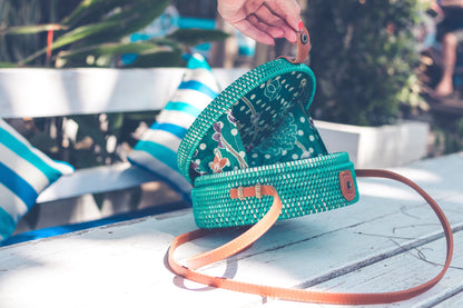 Embroidered Handbag: Leather Round Handcrafted Blue