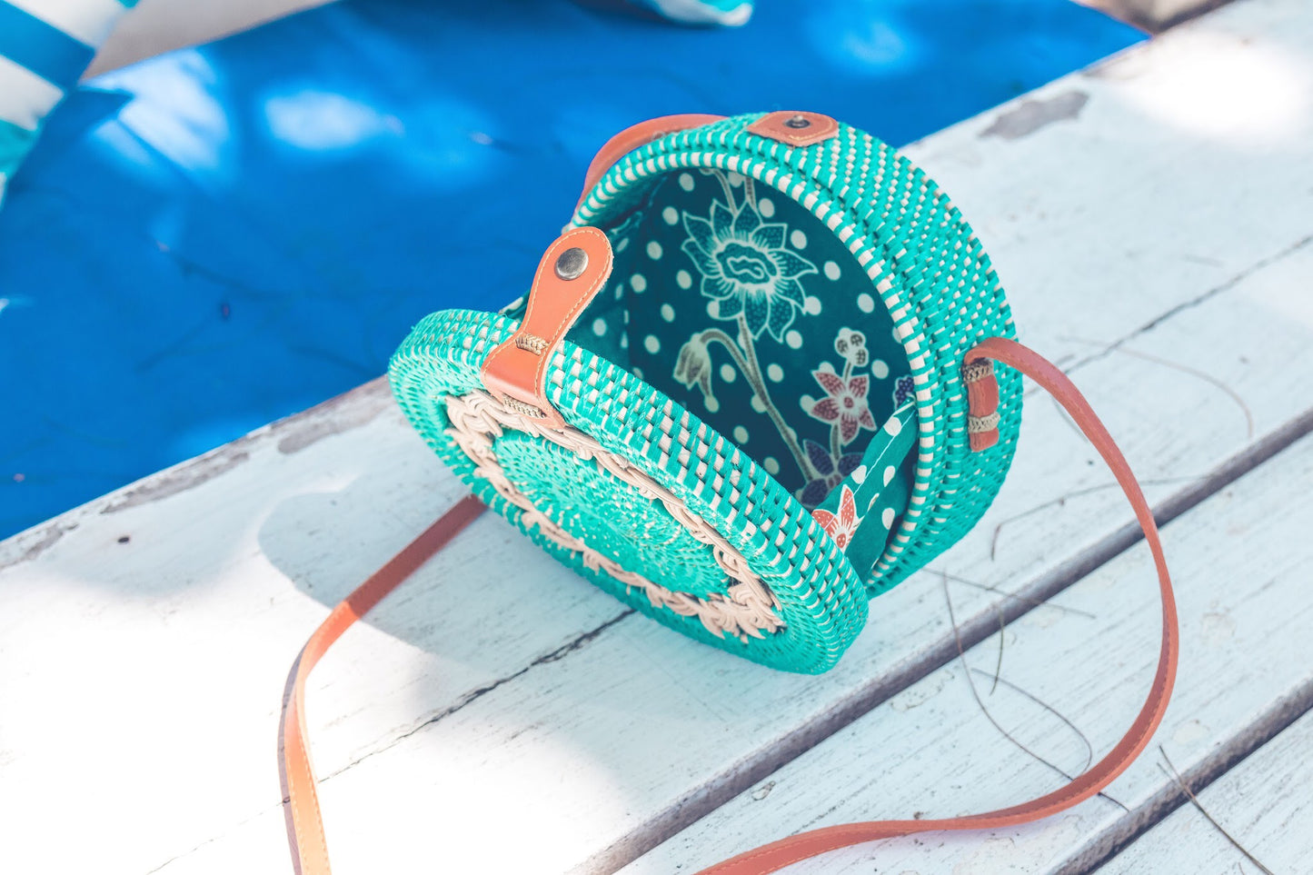 Embroidered Handbag: Leather Round Handcrafted Blue