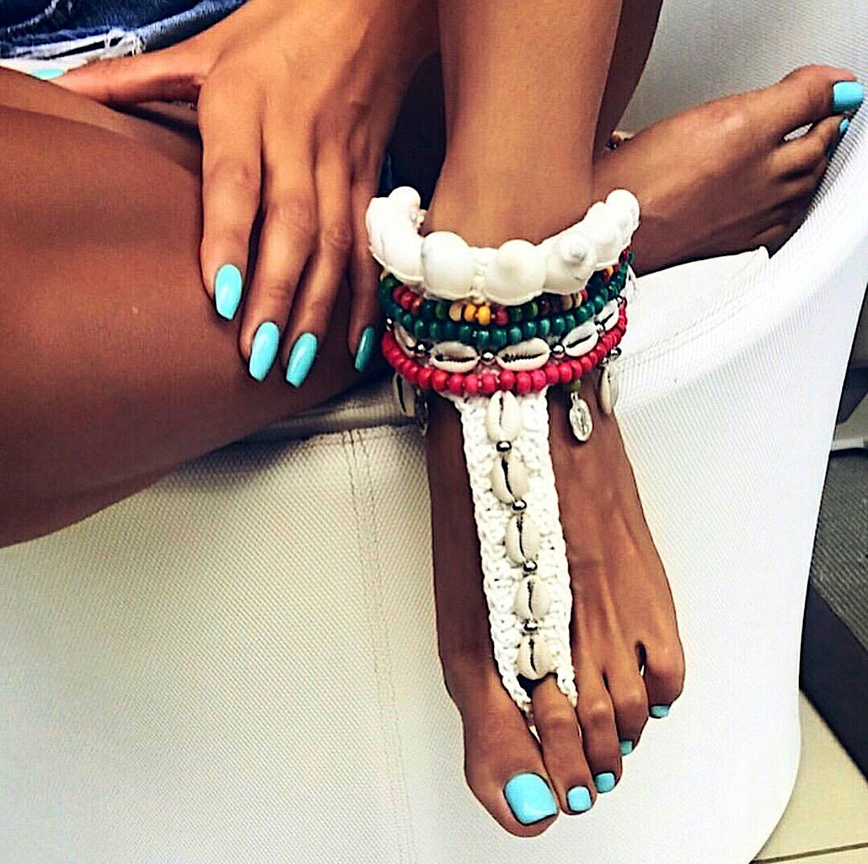 Womens Barefoot Sandals: BOHO Seashell Sole Less White